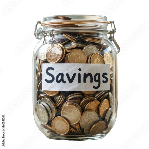 A glass jar filled with coins represents savings and financial wealth
