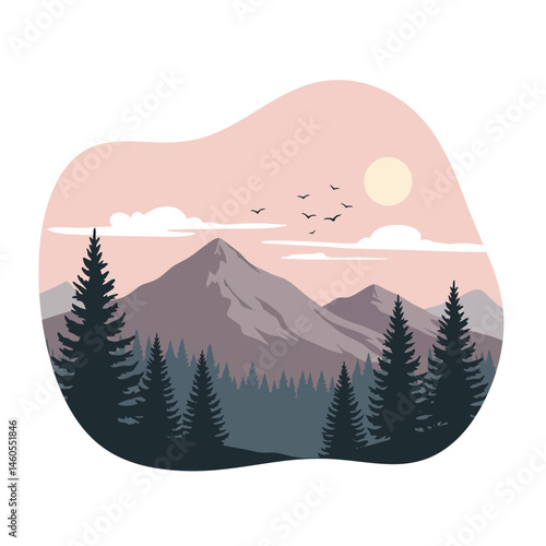 Mountain landscape with pine trees birds and pale pink sky vector illustration natural scenery design 