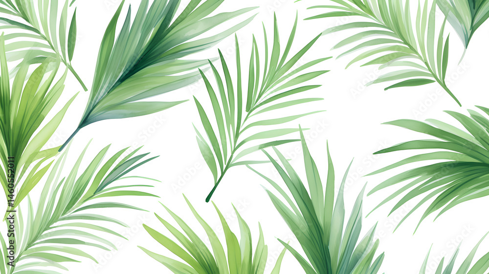 Tropical Seamless Pattern of Fresh Green Palm Leaves on White Background Tropical Seamless Pattern of Fresh Green Palm Leaves on White Background