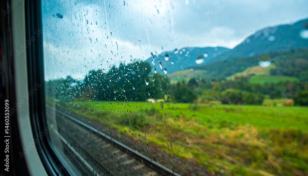 Fototapeta premium Train window covered in raindrops