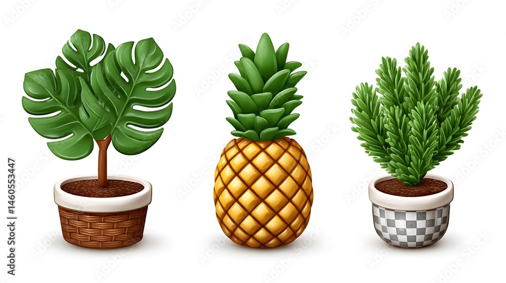 Tropical Plants Pineapple in Pots Home Decor Set. Tropical Plants Pineapple in Pots Home Decor Set.