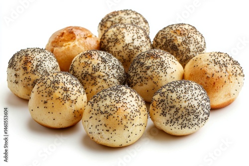 Round seeded buns, clustered.  Golden-brown, slightly uneven tops. Poppy seeds visible