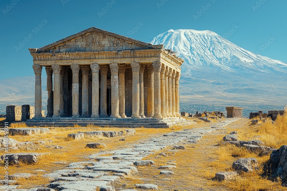 Obraz premium Ancient temple, dramatic mountain backdrop, sunny day.