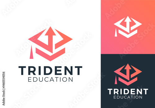graduate hat and trident logo. arrow growth education symbol vector design