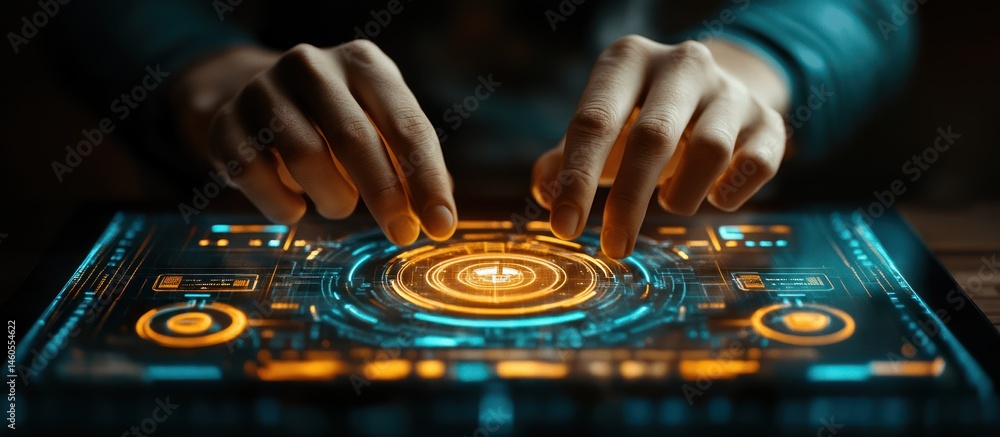 Obraz premium Hands interacting with futuristic touchscreen