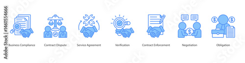 Contract Compliance web banner icon sheet vector business compliance, contract dispute, service agreement, verification, contract enforcement, negotiation, obligation