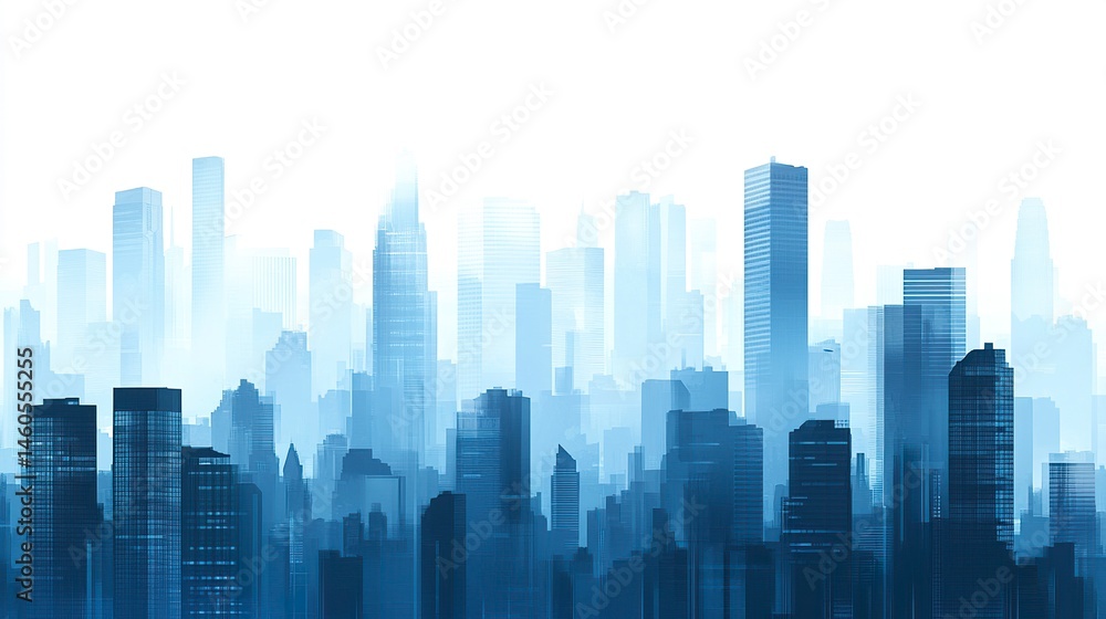 Abstract urban cityscape with overlapping skyscraper silhouettes in cool blue tones, clean white background. Abstract urban cityscape with overlapping skyscraper silhouettes in cool blue tones, clean white background.