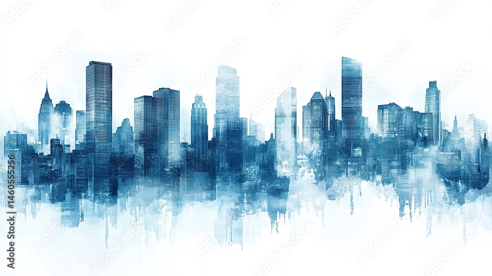 Fototapeta premium Abstract urban cityscape with overlapping skyscraper silhouettes in cool blue tones, clean white background.