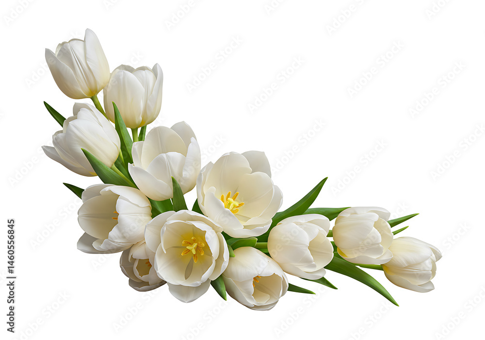 A corner arrangement of white tulips with green leaves against a plain white background closeup view A corner arrangement of white tulips with green leaves against a plain white background closeup view