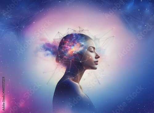 An ethereal figure connects with cosmic energy, mind glowing against a vibrant abstract background representing consciousness and the universe.