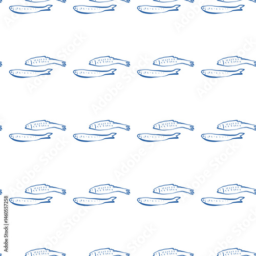 Seamless vector pattern with blue fish forming horizontal stripes on white background in playful hand drawn marine style