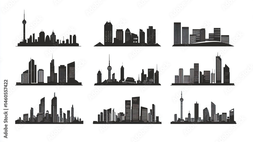 Obraz premium Assorted city skyline silhouettes in a clean flat style, featuring modern urban buildings, white background for contrast.