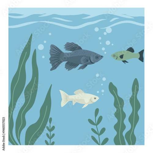 Underwater aquatic scene with colorful fish and green seaweed plants in blue water vector illustration 