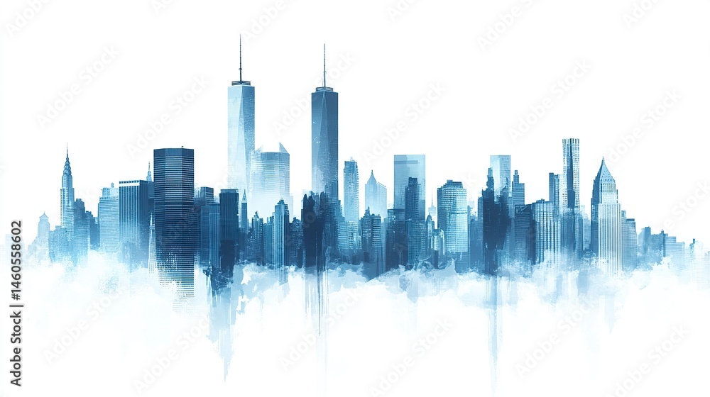 Obraz premium Clean vector design of a blue-toned skyline, tall skyscraper silhouettes creating depth, crisp white background. 