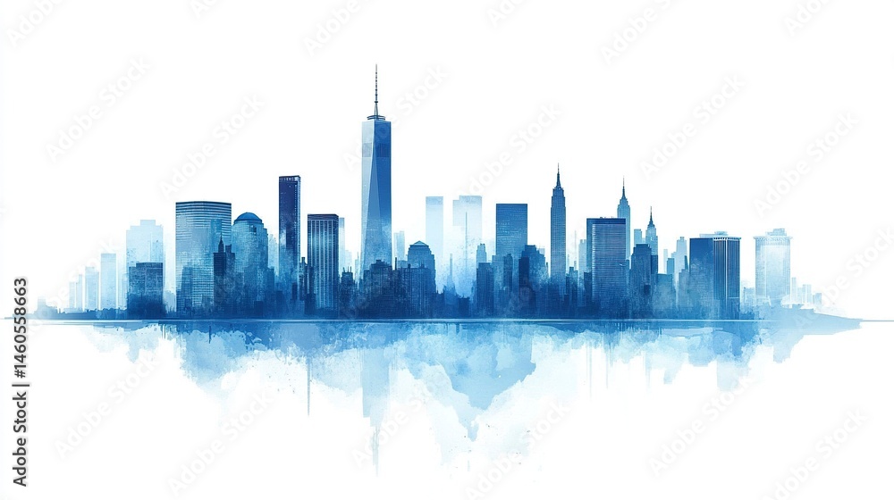 Obraz premium Clean vector design of a blue-toned skyline, tall skyscraper silhouettes creating depth, crisp white background. 