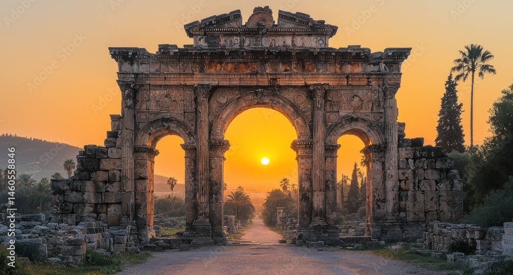 Fototapeta premium Ancient Archway at Sunset, Glimpse into History's Golden Hour