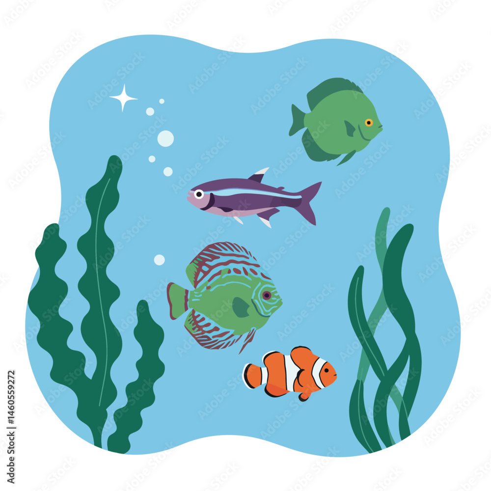 Obraz premium Colorful tropical fish swimming underwater with seaweed and bubbles vector illustration in blue background 