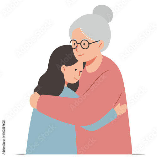 Grandmother hugging granddaughter - heartwarming moment of tenderness between silver-haired grandma and little granddaughter, their embrace filled with warmth, love and family bond.
