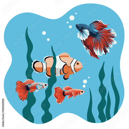 Colorful aquarium fish including clownfish and betta fish swimming with seaweed underwater vector illustration 
