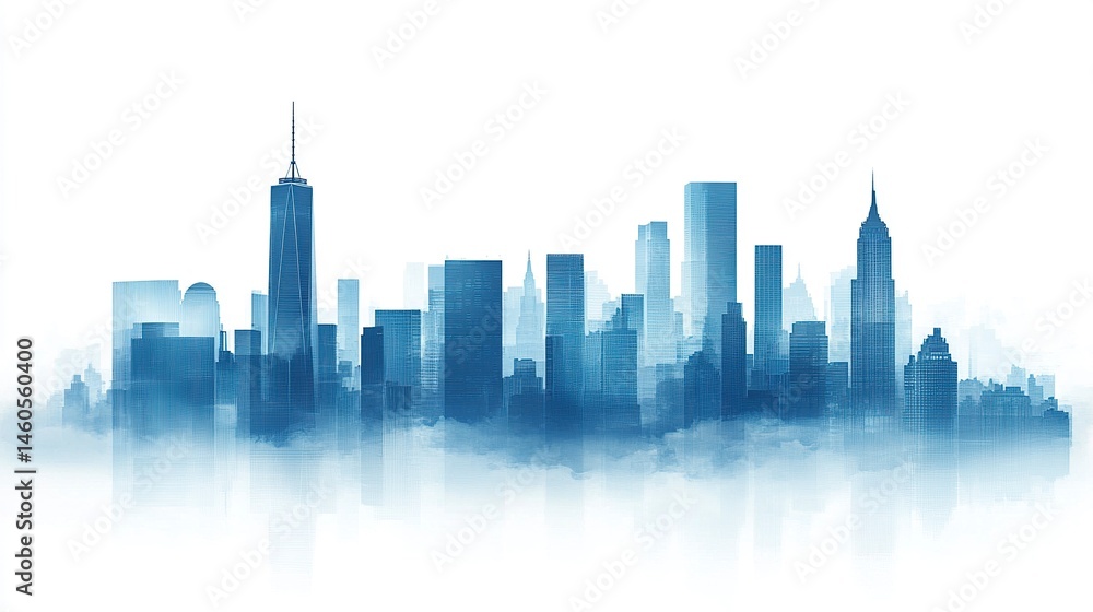 Obraz premium Contemporary skyscraper silhouettes in shades of blue, forming a balanced cityscape, soft gradient on white background.