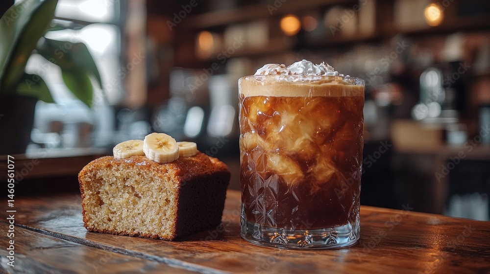 Fototapeta premium Iced coffee drink and banana bread. A refreshing iced coffee drink topped with whipped cream sits next to a slice of moist banana bread. The drink is dark and intense, perfect for a cool day.