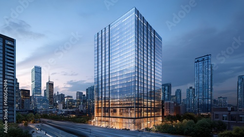 High-rise urban office with a reflective glass exterior, showcasing a clear skyline, shot from a worm's-eye view, sharp contrast, cool tones.