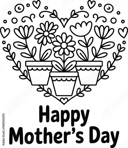 Floral Heart for Mother's Day:  A simple yet elegant illustration of potted flowers arranged in a heart shape with  the phrase “Happy Mother's Day" at the bottom.