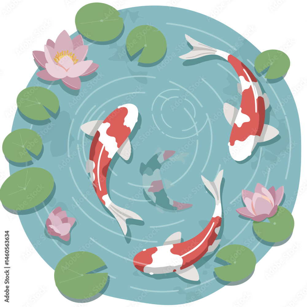 Obraz premium Koi Fish Swimming Among Water Lilies in Calm Pond with Blue Water Vector Illustration 
