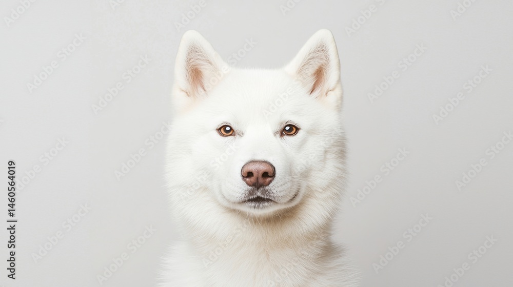 Obraz premium A white dog with upright ears stares directly at the camera against a plain light background.