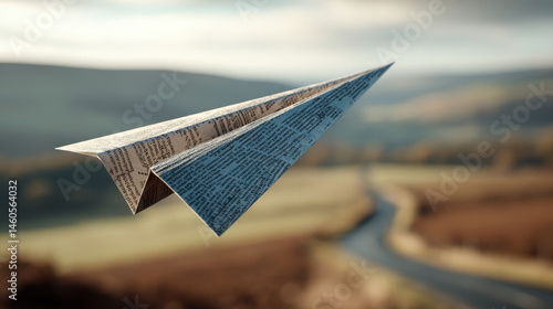 A paper airplane made of newspaper, flying over the English countryside, captured in a photorealistic style with cinematic lighting and a shallow depth of field