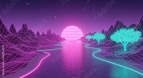 Retro-futuristic Vaperwave landscape in neon tones, representing a digital aesthetic with space to copy