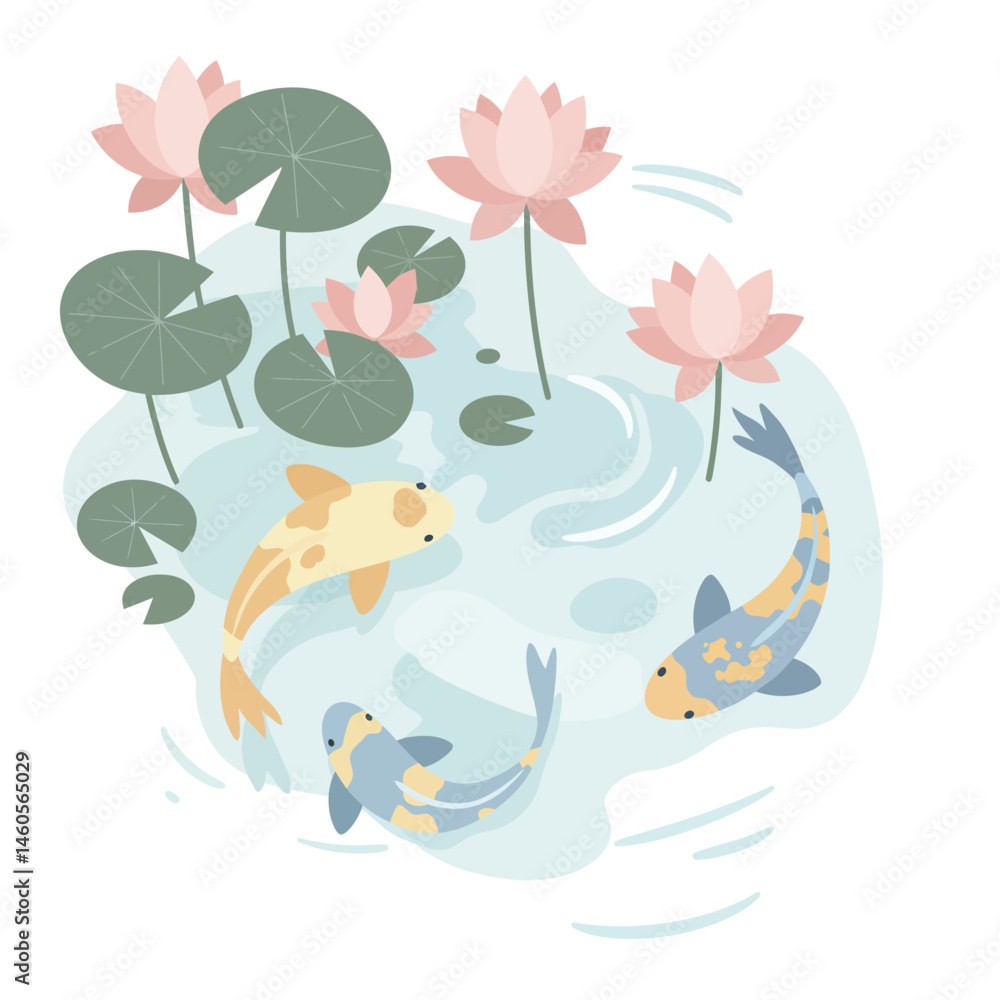 Fototapeta premium Koi Fish Swimming Among Pink Lotus Flowers and Green Lily Pads in Calm Pond Vector Illustration 