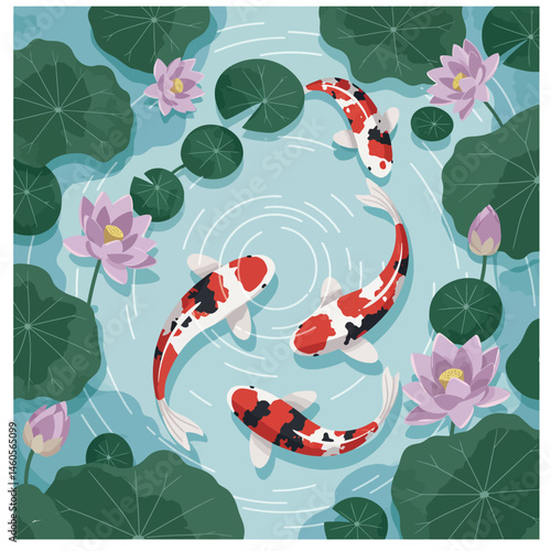 Koi fish swimming among green lily pads and pink lotus flowers in serene pond vector illustration 