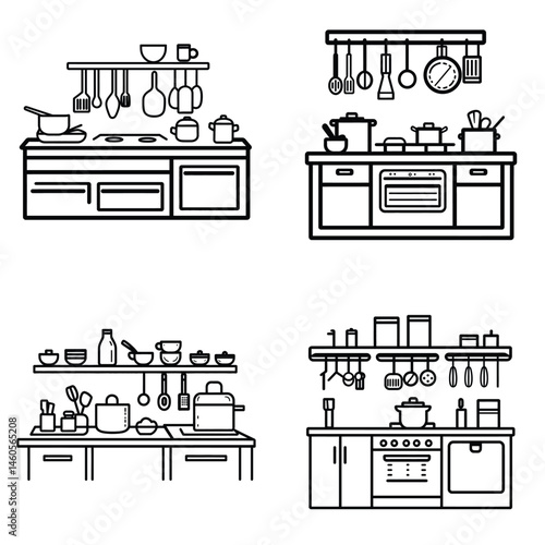 Kitchen Interior Line Art with Utensils, Countertops on Transparent Background