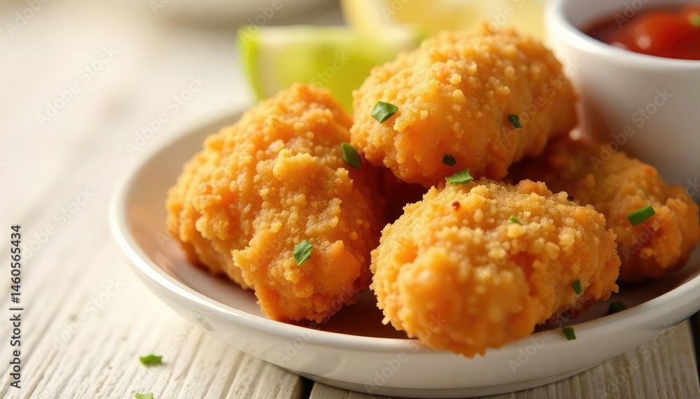 Golden chicken nuggets, dipping sauce, clean background , portion, dipping Golden chicken nuggets, dipping sauce, clean background , portion, dipping
