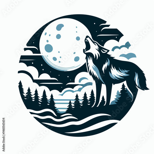 vector illustration of a roaring wolf with moon background