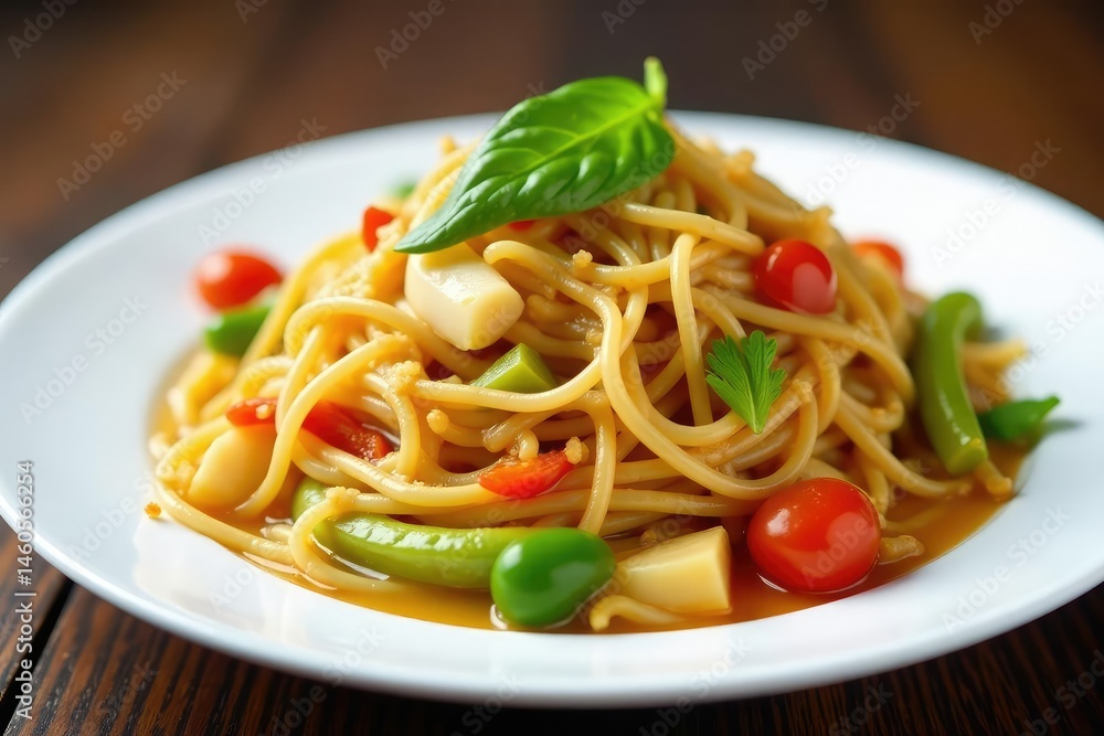 Stir-fried noodles with vegetables on white plate, broccoli, chicken, delicious Stir-fried noodles with vegetables on white plate, broccoli, chicken, delicious