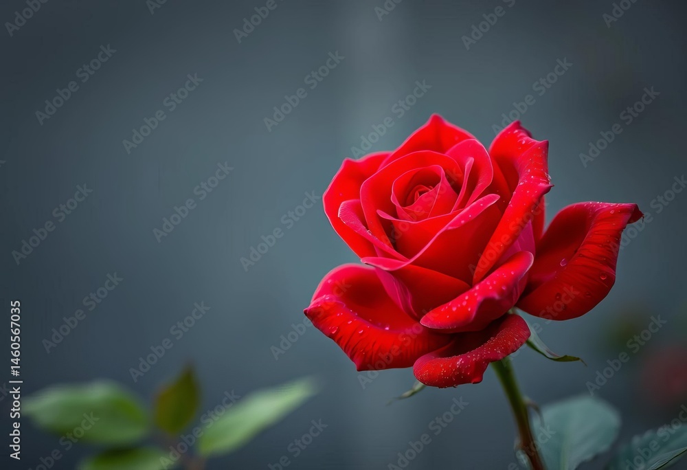 Naklejka premium A single, velvety red rose in full bloom, dew-kissed petals, detail, love