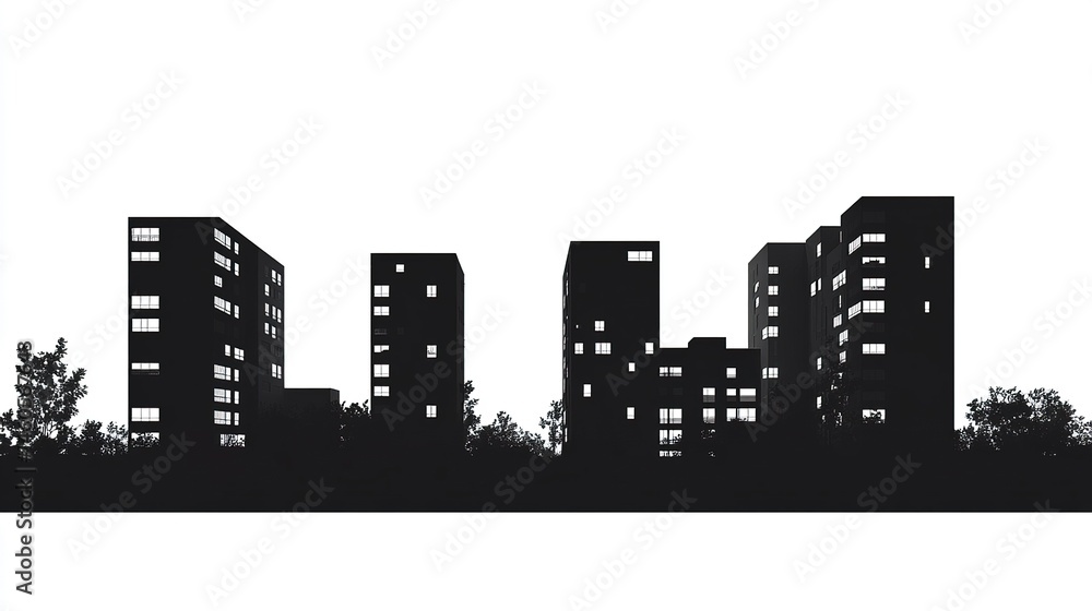 Fototapeta premium Silhouetted apartment buildings in varying heights, clean black design on a stark white background, minimalist style.