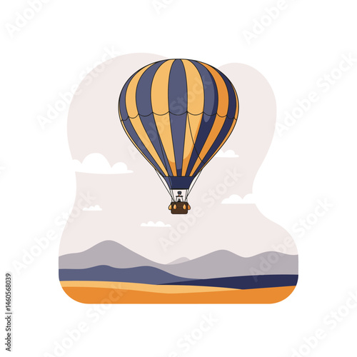 Hot air balloon flying over mountain landscape with orange and dark blue stripes vector illustration 