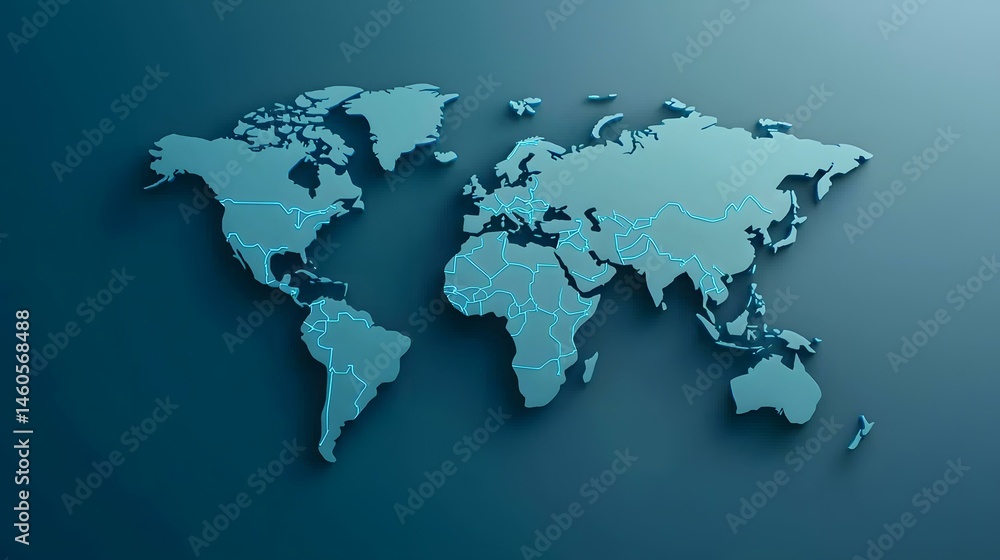 The image contains a three-dimensional world map rendered in shades of teal, with country borders outlined in a brighter cyan.A teal 3D world map with cyan-outlined country borders is shown. The image contains a three-dimensional world map rendered in shades of teal, with country borders outlined in a brighter cyan.A teal 3D world map with cyan-outlined country borders is shown.
