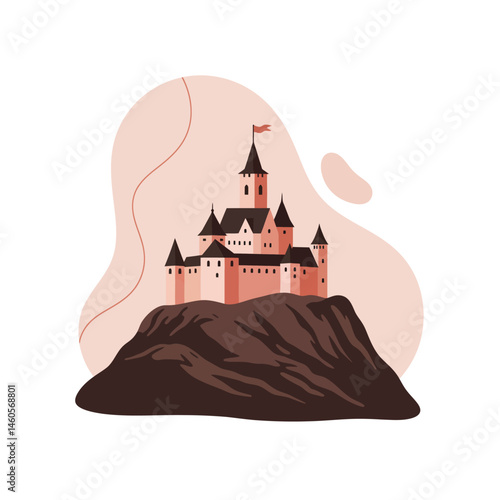 Castle on rocky hill with dark brown base and muted pink towers fantasy illustration vector design 