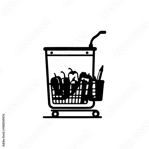 Stylized shopping cart filled with produce, minimalistic monochromatic vector design