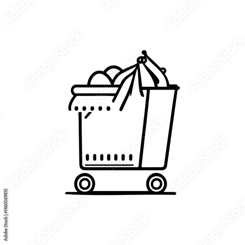 Minimalist line drawing of a full shopping cart, symbolizing consumerism