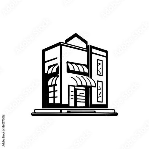 Monochrome depiction of a commercial establishment with an awning element