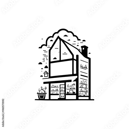 Stylized architectural illustration featuring a modern house with intricate details