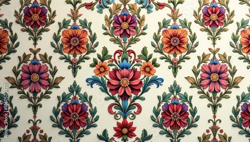 Intricate floral damask, repeating design, subtle color variations , fabric, retro, floral