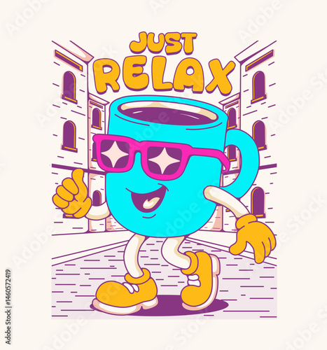 Funny cartoon character of a cup coffee. Can be used as Sticker, posters, prints. Retro cartoon style. Vector illustration