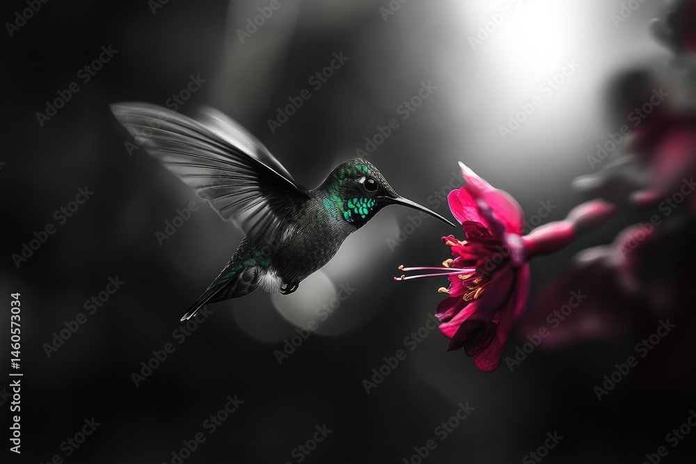 Obraz premium A hummingbird, wings spread, hovers near a vibrant pink flower, a moment of nature's grace.