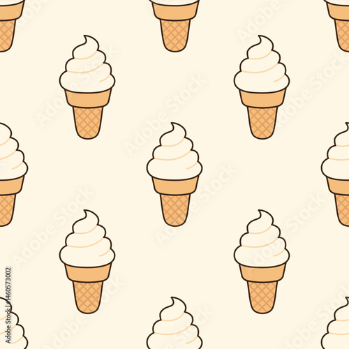 Ice cream waffle cone seamless pattern vector illustration. Summer repeating background with soft-serve wafer ice cream. Food-themed fabric textile print or gift wrapping paper.